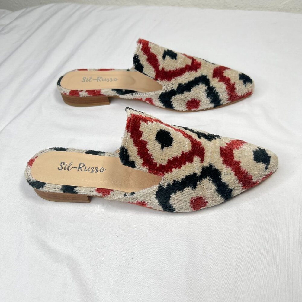 Sil-Russo Ikat Tapestry Mules Flats Slides Geometric Ivory Red Black 38 US 7-7.5 - Picture 9 of 10